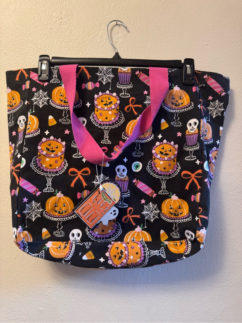 NWT- Halloween Tote Bag, Pumpkin Skeleton Candy Cotton Shoulder Bag, Spooky Cute